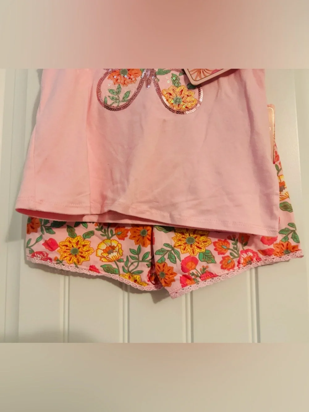 Cute Btween girls size 5 pink floral shorts shirt set sequin butterfly floral - Picture 2 of 6